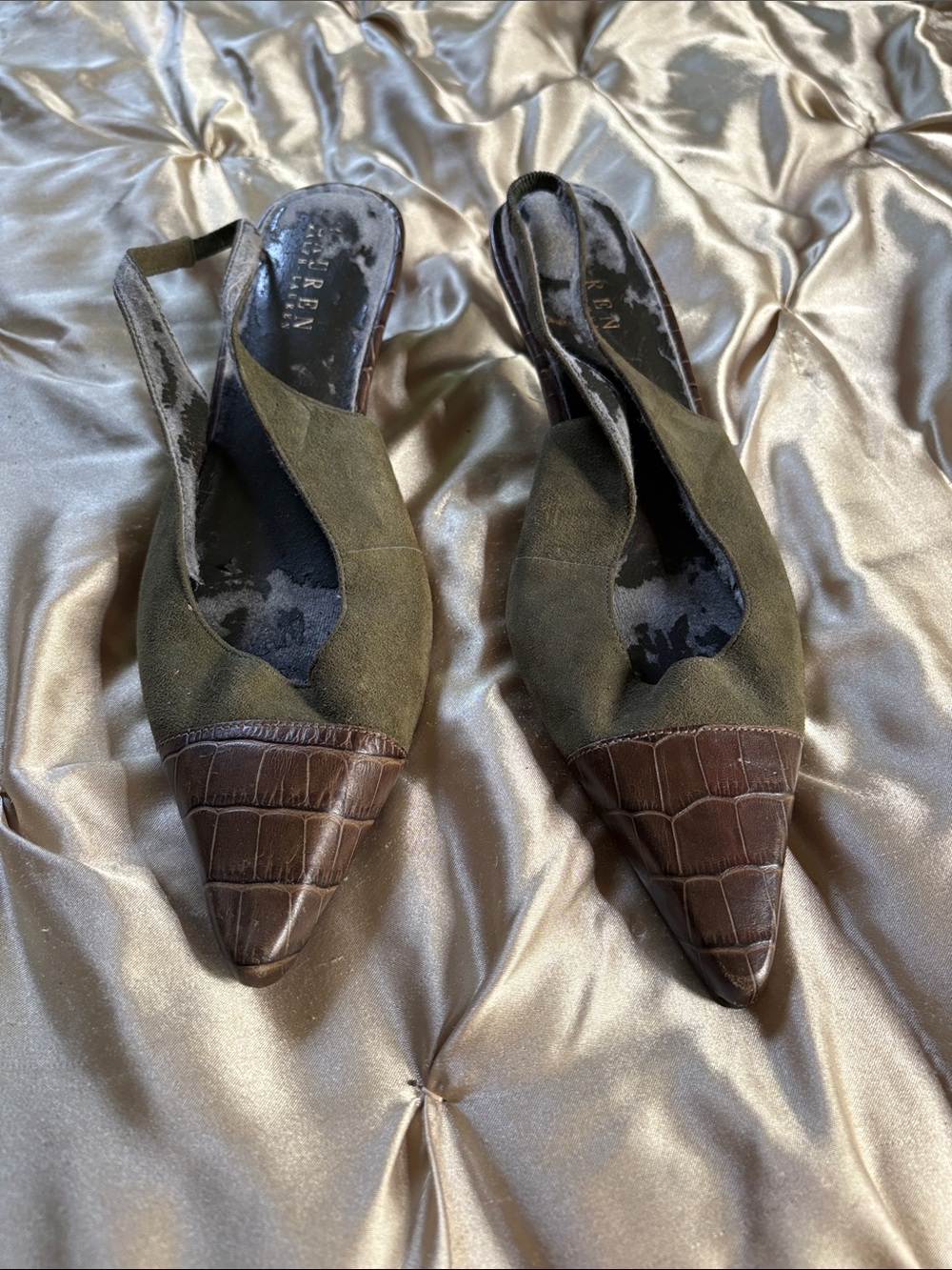 Lauren Ralph Lauren Olive Green & Brown Croc-Embossed Pointed Slingback Mules